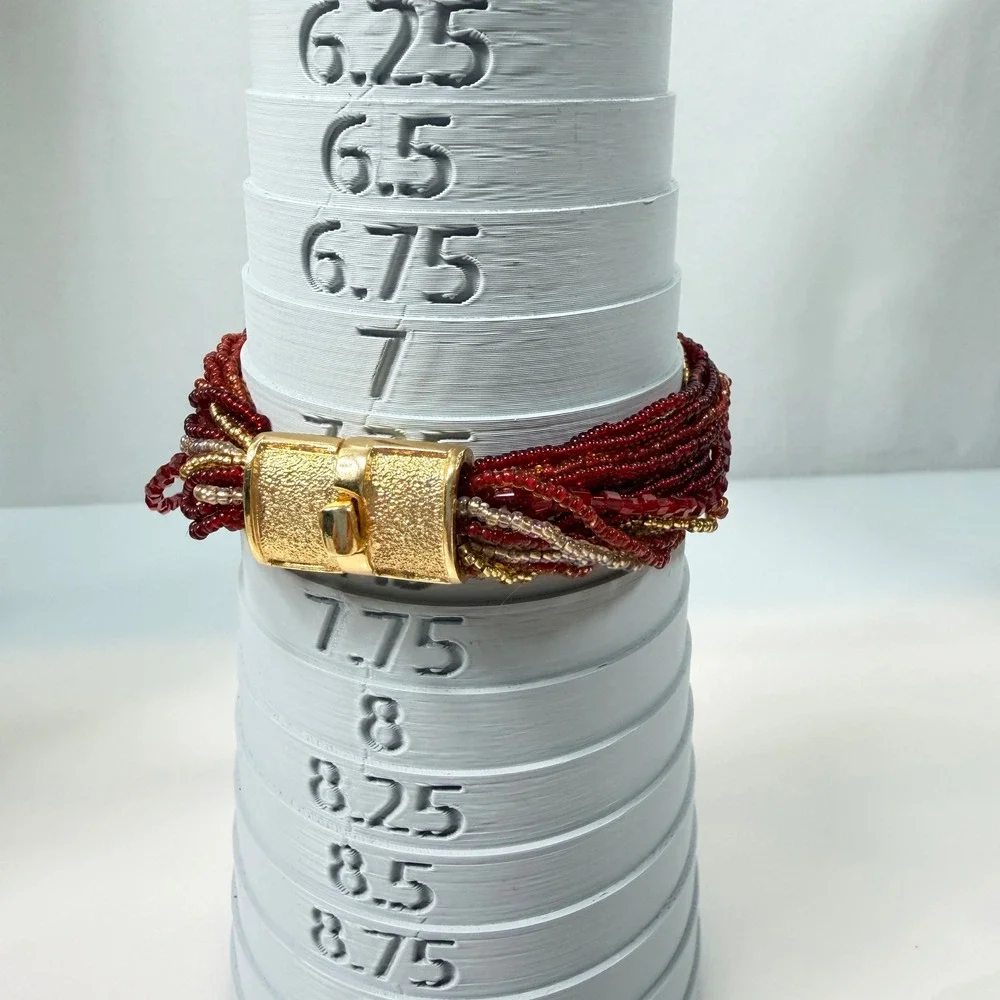 Murano Glass Bracelet Multi Strand Micro Seed Beads Torsade Red Silver Gold 7.25